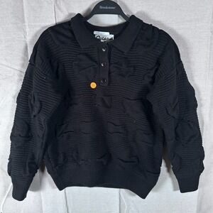 Oriana Italia Vintage Black Textured Knit Polo Sweater Small Acrylic Long Sleeve